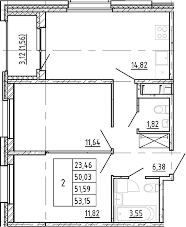 2-комнатная квартира 50.03 м², 2/12 эт., ЖК «Полис Новоселье»